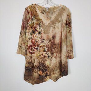 Dressbarn Women's Blouse Size 2X Beige Flowered Jeweled Cord Embroidery Y2K Chic